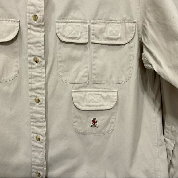 Vintage Tommy Hilfiger Shirt Khaki Safari Button Down Sz 12 Field Shirt Pockets - Picture 3 of 4